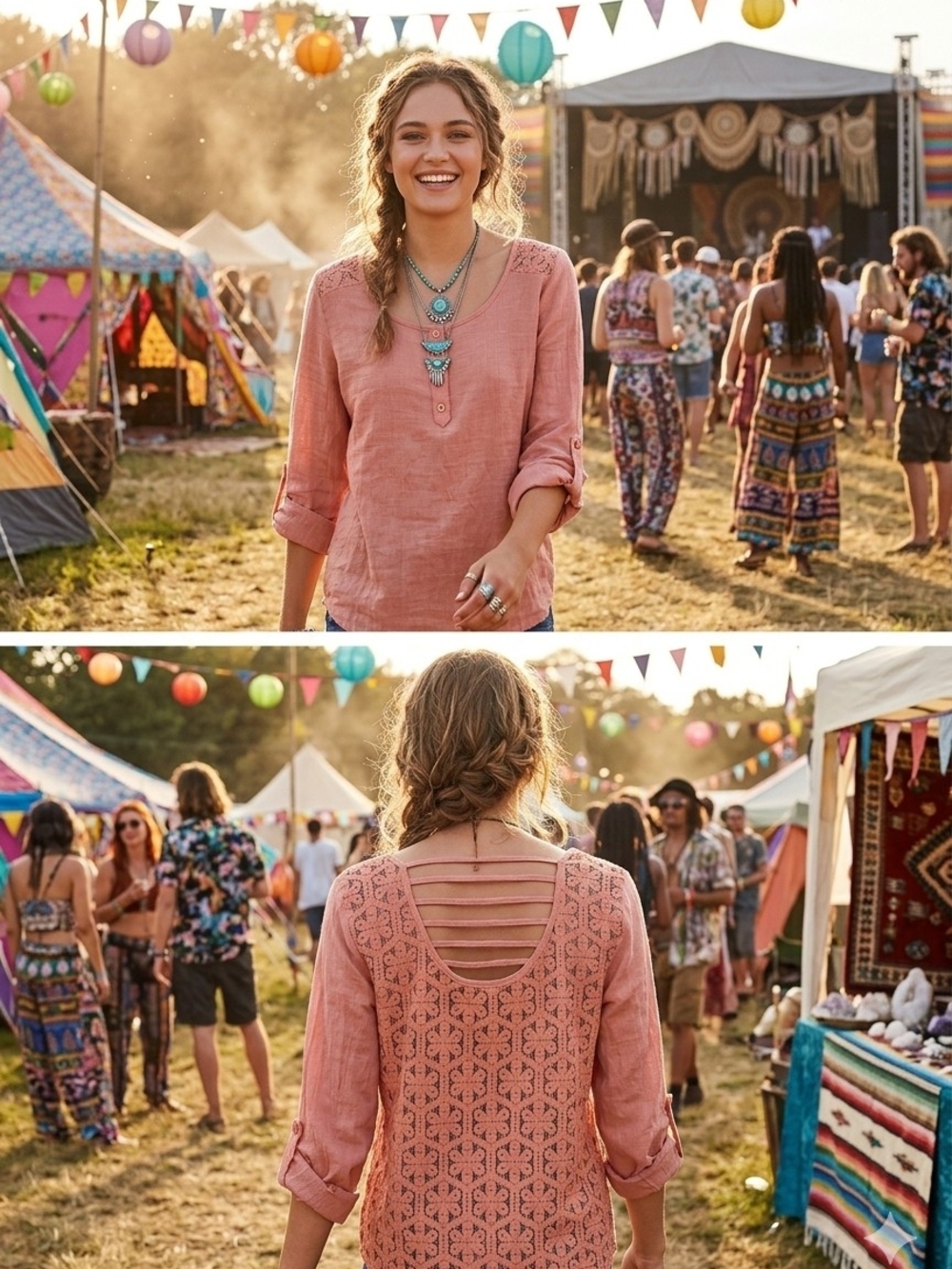 Mine Boho Dusty Rose Crochet-Back Henley Top, Large